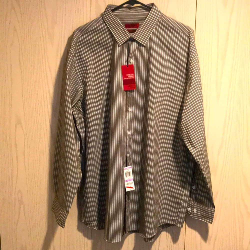 Alfani NWT Men’s 18 XXL 34-35 Fitted Dress Shirt Dark Tan Stripe Stretch Fabric
